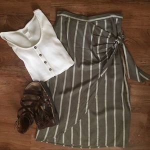 Faux Wrap Striped Midi Skirt